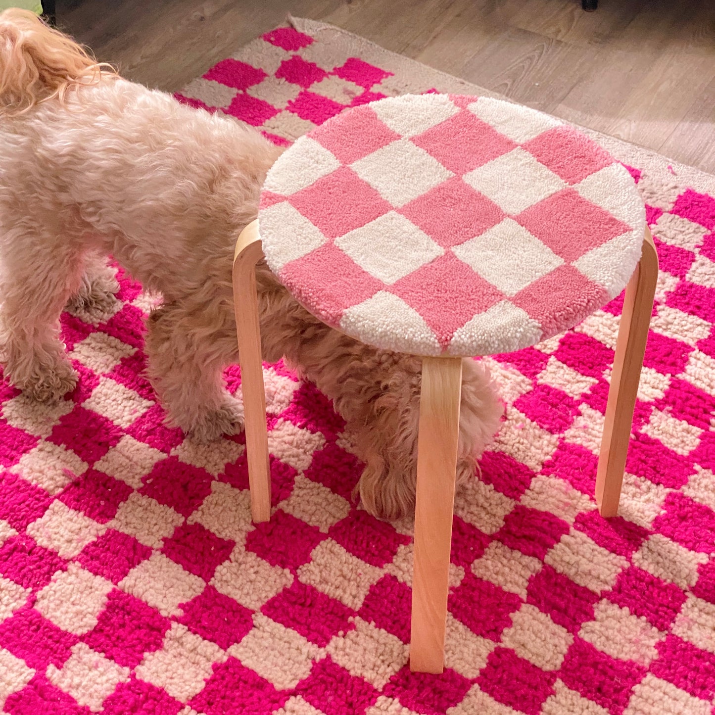 Pink Checkered Rug Stool