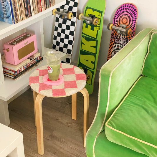 Pink Checkered Rug Stool