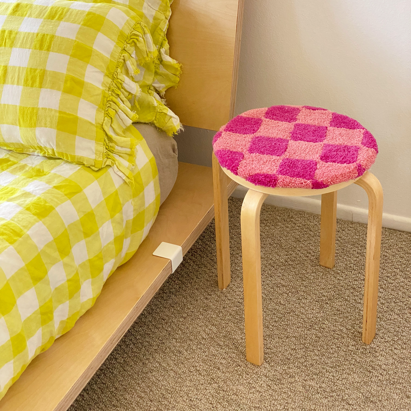 Two Tone Pink Checkered Rug Stool
