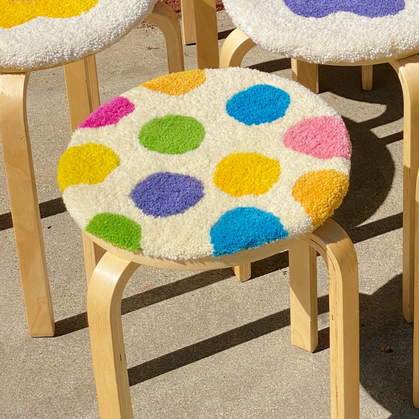 Rainbow Polka Dot Rug Stool