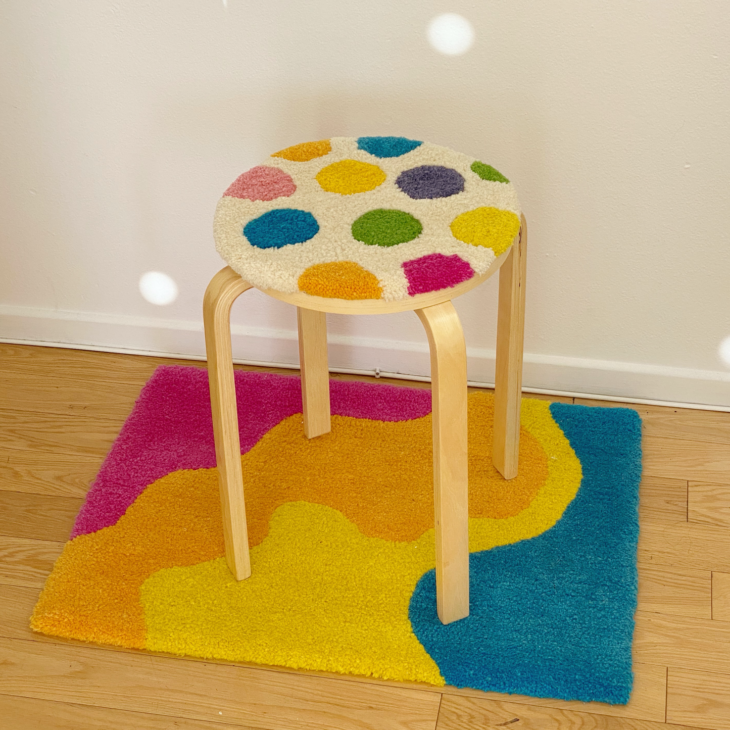 Rainbow Polka Dot Rug Stool